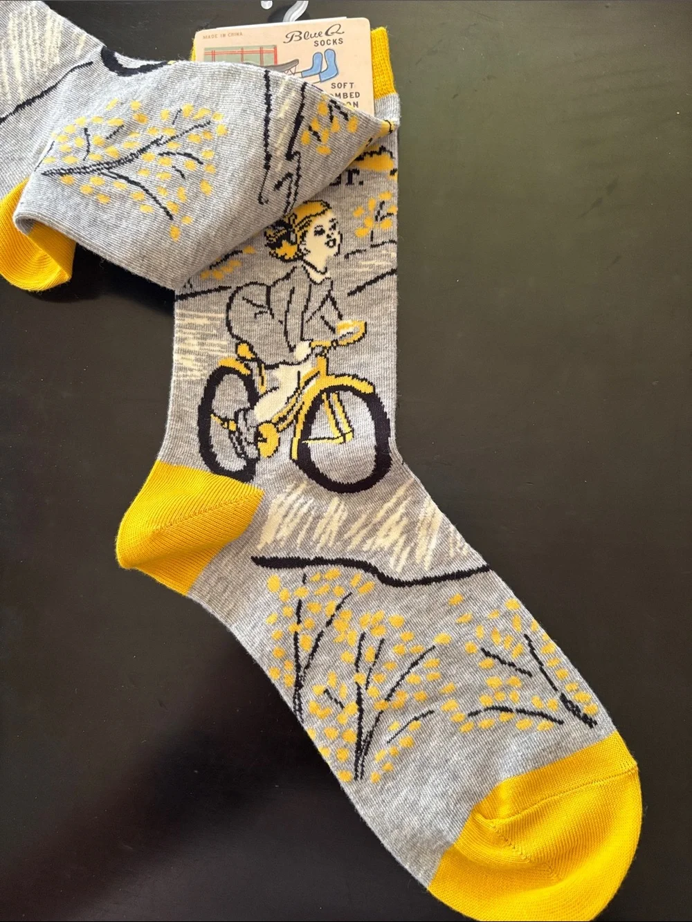Blue Q Gray & Yellow Bicycle Crew Socks with 'hellraiser' Detail